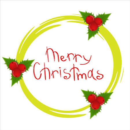Christmas emblem with Holly isolated on a white background. Happy Christmas sign in a ragged circle.   Vector illustration in flat cartoon style.のイラスト素材