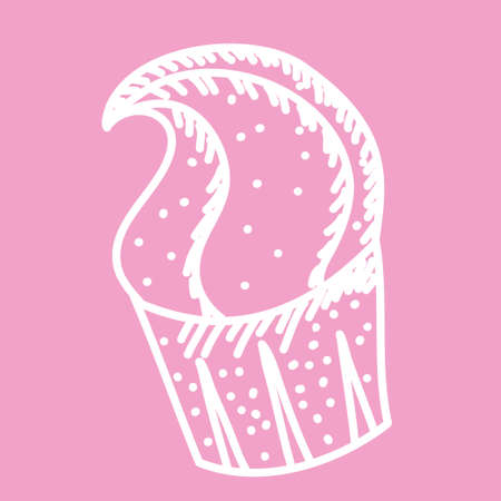 The cupcake is isolated, with a white outline on a colored background. Vector illustration in a hand drawn style. Sweets and muffins for children and decorations of cards or greetings.のイラスト素材