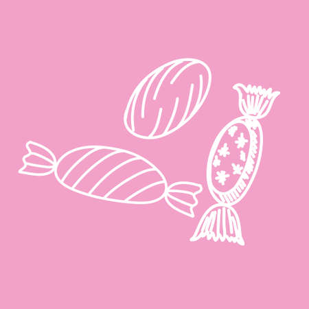The candy set is isolated, with a white outline on a colored background. Vector illustration in a hand-drawn style. Sweets for children and decorations for cards or greetings.のイラスト素材