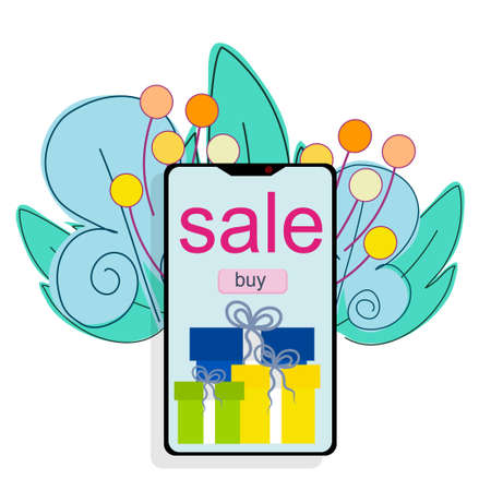The phone screen with discounts and gifts is isolated on a white background. Vector illustration in a simple flat style. Call to buy holiday gifts at a discount.のイラスト素材