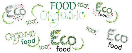 A set of logos with organic and healthy food isolated on a white background. Letters for logos are decorated with leaves. Vector illustration in a simple flat style.のイラスト素材