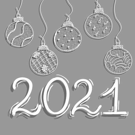 Lettering poster happy new year. Vector illustration in a simple flat style. Lettering 2021 with white balloons. White letters on a gray background.のイラスト素材