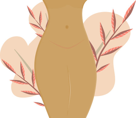 Stomach with a healed scar after cesarean section. In the background, leaves in soft colors. Vector illustration in flat cartoon style. Motherhood and childbirth through surgery..のイラスト素材