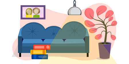 The concept of a comfortable living room is isolated on a white background. A blue sofa, a houseplant, and a stack of books. In the background-a photo frame with people. Vector illustration in flat style.のイラスト素材