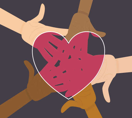 Hands of different nationalities in the center are isolated on a white background. Vector illustration in flat cartoon style. No to racism. All skin colors on the palms in one heart of the same color.のイラスト素材