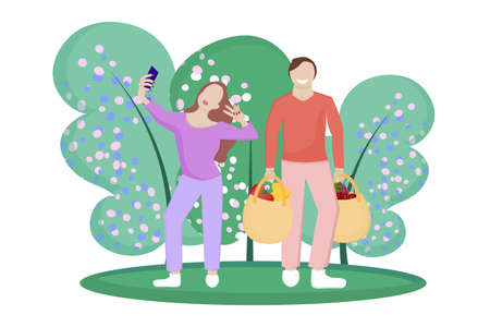 A man and a woman go shopping, a husband with grocery bags, a wife takes a selfie on a smartphone.のイラスト素材