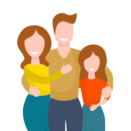 Happy family hugging isolated on white background. Vector illustration in flat cartoon style. Husband, wife and daughter stand together, smiling and hugging.のイラスト素材