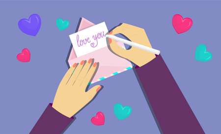 Hands on the envelope top view, Declaration of love on Valentine's day. Handwritten text love you...