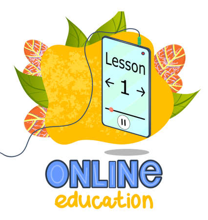 Online training, phone with earpiece in the mode of listening to lectures and lessons. Lettering online education. Smartphone on the background of leaves. Vector illustration in flat style.のイラスト素材