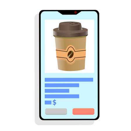 Buy coffee or tea online, smartphone on a white background. Phone with a Cup, online stores. Remote purchases. Vector illustration in flat style..のイラスト素材