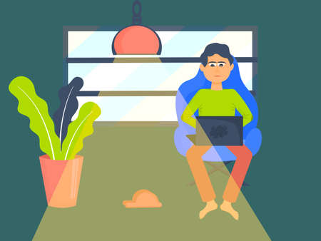 Concept Of Remote Freelance Work. The freelancer is focused on working on a laptop. Night and evening work in the light of the lamps. Next to a flower and cozy Slippers. Vector illustration..のイラスト素材
