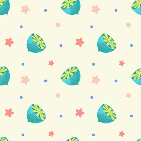 Seamless pattern with lemon and stars on a light pearl background. Unusual lemon in the cut. Vector illustration. The pattern for the tablecloth or napkins.のイラスト素材