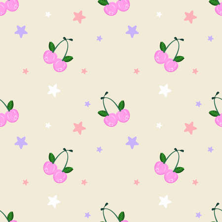 Seamless pattern with cherries and stars on a light background. Pink cherries on a branch. Vector illustration in flat style.のイラスト素材