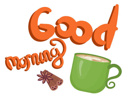 The inscription good morning with coffee and cinnamon. In a Cup of milk stains, coffee with cream. Handwritten inscription to Wake up. Fragrant cinnamon. Vector illustration in flat style.のイラスト素材