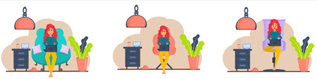 A set of images of freelancers isolated on a white background. Girls with different emotions work remotely on a laptop. Vector illustration in flat style.のイラスト素材