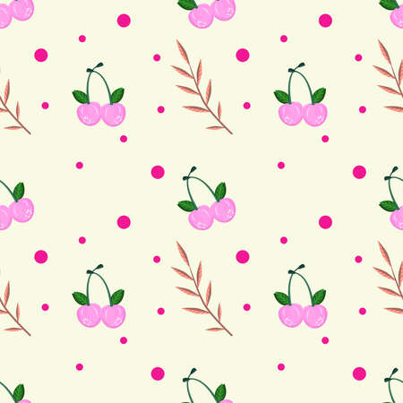 Seamless pattern with cherry, branch with leaves and circles. Pink cherry or cherry berries in an endless pattern. Vector illustration.のイラスト素材