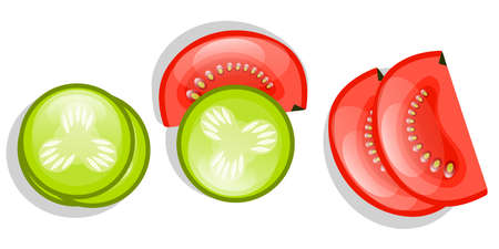 Cucumbers and tomatoes are isolated on a white background. Circles of cucumber and half a tomato sliced for sandwiches. Vector illustration. Proper nutrition..のイラスト素材