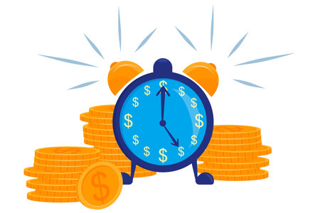 The concept of time is money. A watch with a money dial and a handful of coins isolated on a white background. Time costs money, a ringing alarm clock with a button, on legs. Vector illustration..のイラスト素材