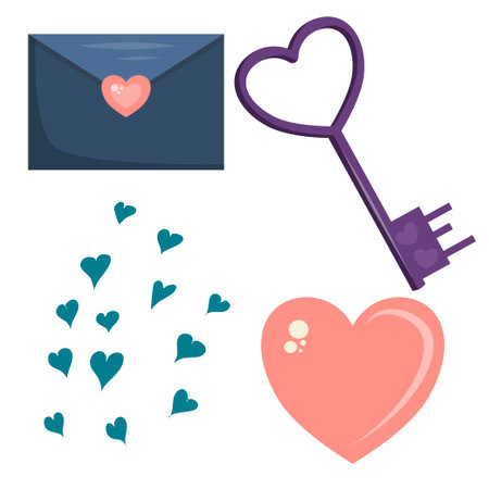 A set of objects for Valentine's day isolated on a white background. A letter, a heart, a set of hearts and keys. Items for postcards. Vector illustration.のイラスト素材