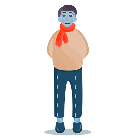 Frostbitten man frozen with turns on his pants isolated on a white background. Frostbite in the cold season. Vector illustration.のイラスト素材