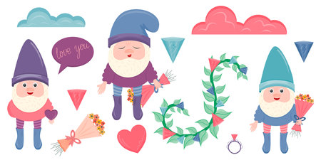 Clip art with gnomes for Valentine's Day is isolated on a white background. Gnomes, hearts, crystals, flowers for decorating cards and gifts for February 14-Valentine's Day.のイラスト素材