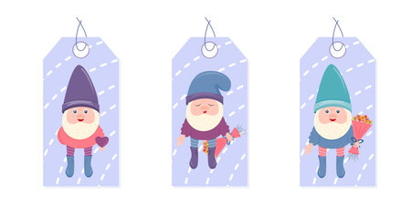 Tags with dwarves for Valentine's Day are isolated on a white background. a set of gnomes with a heart and flowers for congratulations on february 14-valentine's day.のイラスト素材