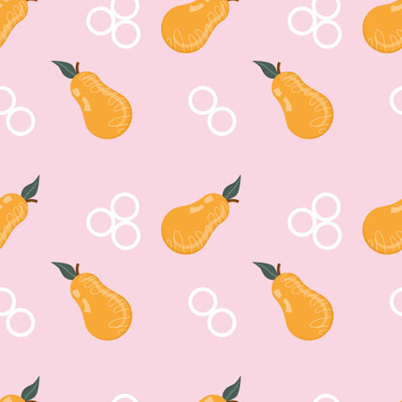 Seamless geometric pattern with orange pear and white circles on a pink background. Vector illustration.のイラスト素材