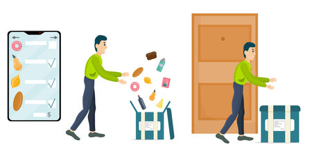 The concept of online grocery delivery, in a cartoon style. Smartphone with a selection of products, the courier collects and delivers food in a box. Contactless delivery to the door.のイラスト素材