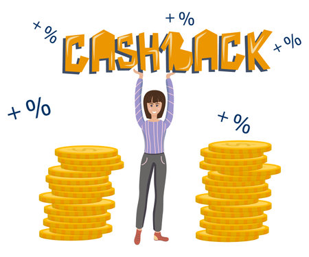 The concept of cashback. The girl holds the word cashback, near her stacks of coins and interest in a cartoon style on a white background. Refund of dollars for purchases.のイラスト素材