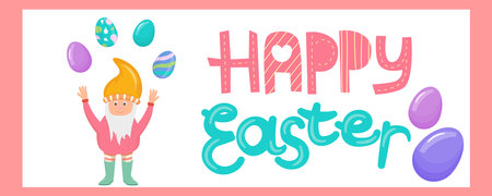 Banner for a website with a gnome and Easter eggs in a cartoon style. Vector illustration for the Easter holiday, with colorful eggs and beautiful lettering.のイラスト素材