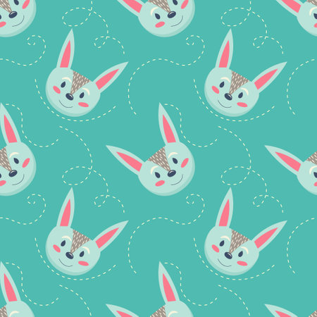 Scandinavian seamless pattern with cute rabbits on green background with lines. Vector illustration of Scandinavian animals for childrens room decoration. Children's modern design.のイラスト素材