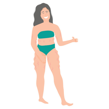 Body positive. Happy overweight girl in underwear isolated on white background in flat style. Vector illustration of a young girl, cellulite and stretch marks, the consequences of pregnancy.のイラスト素材