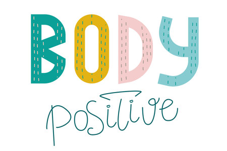Lettering body positive in handdrawn style isolated on a white background. Vector illustration of letters for the design of articles with a variety of nonstandard people.のイラスト素材