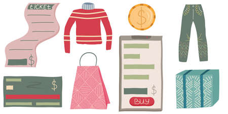 Set online order, purchase, delivery, clothing in a flat free line style isolated on a white background. A phone with a shopping list, a credit card and a coin, things and boxes. Vector illustration.のイラスト素材