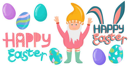 Easter set of elements, colorful eggs, a dwarf and inscriptions are isolated on a white background. Happy Easter lettering. Vector illustration in a flat cartoon style.のイラスト素材