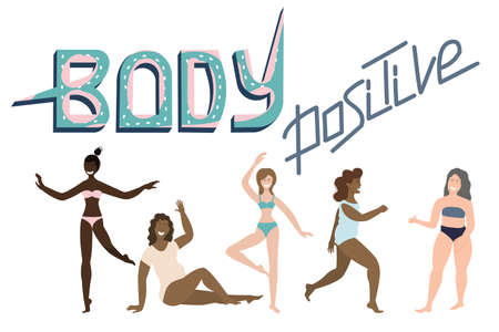 Set of happy different girls, inscription body positive isolated on a white background. Women with different shapes and skin color. Womens friendship and feminism. Vector in a flat cartoon style.のイラスト素材