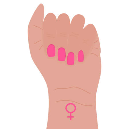 A female fist with the symbol of a woman, in a flat cartoon style, is isolated on a white background. A symbol of the struggle for equality, feminism. Vector illustrationのイラスト素材