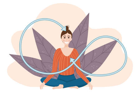The concept of mind body balance in a flat cartoon style is isolated on a white background. The girl in the lotus position is happy and at peace, the heart and brain are one. Vector illustrationのイラスト素材