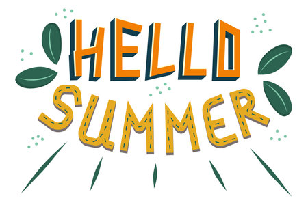 Lettering hello summer with leaves and decor isolated on a white background. Handwritten beautiful...