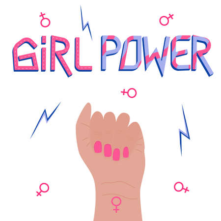 A female fist with the symbol of a woman and a lettering girl power is made in a flat cartoon style, isolated on a white background. A symbol of the struggle for equality, feminism. Vector illustration.のイラスト素材