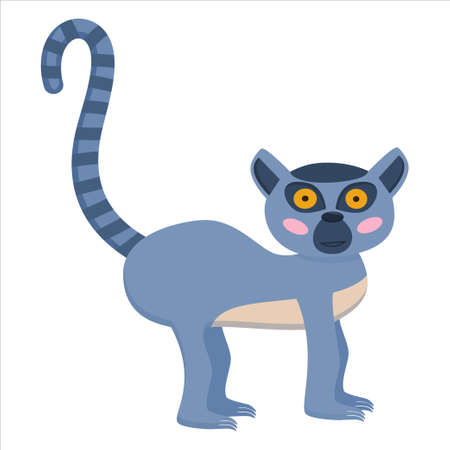 An animal lemur with large eyes stands with a striped tail up isolated on a white background. An animal from Madagascar. Vector illustration for childrenのイラスト素材