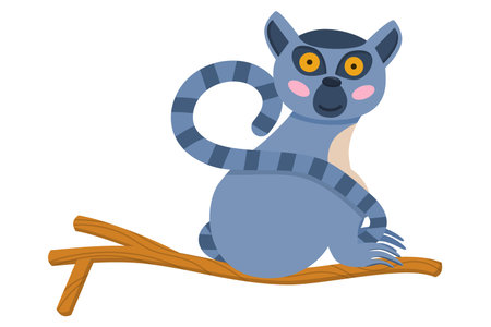 An animal from Madagascar. A lemur with large eyes sits on a tree branch with its striped tail...