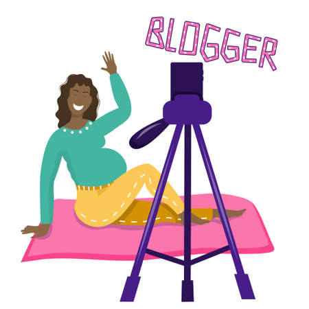 A happy, pregnant blogger girl smiles at the camera. Keeps a blog about pregnancy. The woman is black, of different ethnic groups. Vector illustrationのイラスト素材