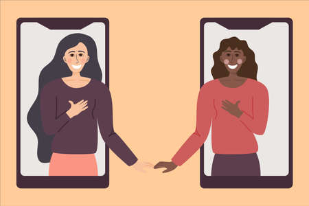 Two friends of different races communicate on the phone. Help and support of a loved one through a smartphone. Conversations remotely. Vector illustration. The concept of friendshipのイラスト素材