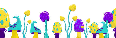 A seamless banner of magical fantastic mushrooms in cartoon style is isolated on a white background. A variety of mushrooms of purple and yellow colors. Vector illustration.のイラスト素材