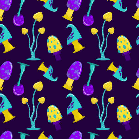 Seamless pattern of magical fantastic mushrooms in cartoon style on dark background. A variety of mushrooms of purple and yellow colors. Vector illustrationのイラスト素材