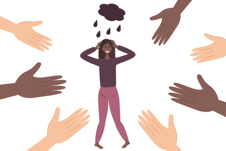 Concept anxiety disorders. A depressed African woman in deep depression. Many hands of different...