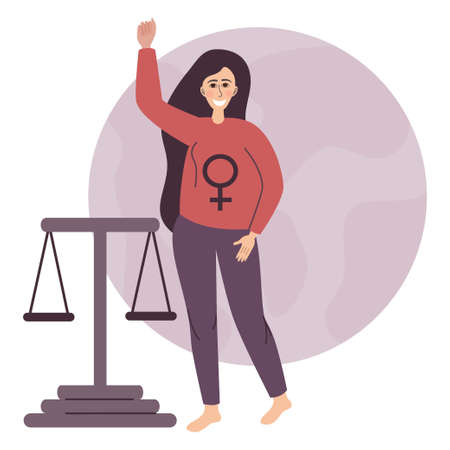 The concept of empowerment. A woman stands at the scales with her hand raised for equality. Feminism and gender equality. Vector illustration in a flat linear style.のイラスト素材