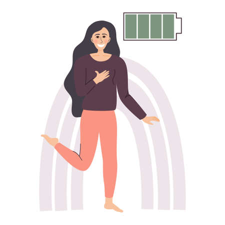 The concept of mental health. A happy woman with a green, charged battery. A girl with no psychological problems. Vector illustration in a flat linear style.のイラスト素材