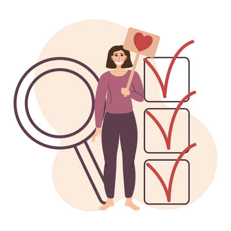 Flat illustration with quality rating. Concept of evaluating the work and receiving feedback. Girl holds a sign with a heart. In the background magnifying glass and a completed list with checkboxesのイラスト素材